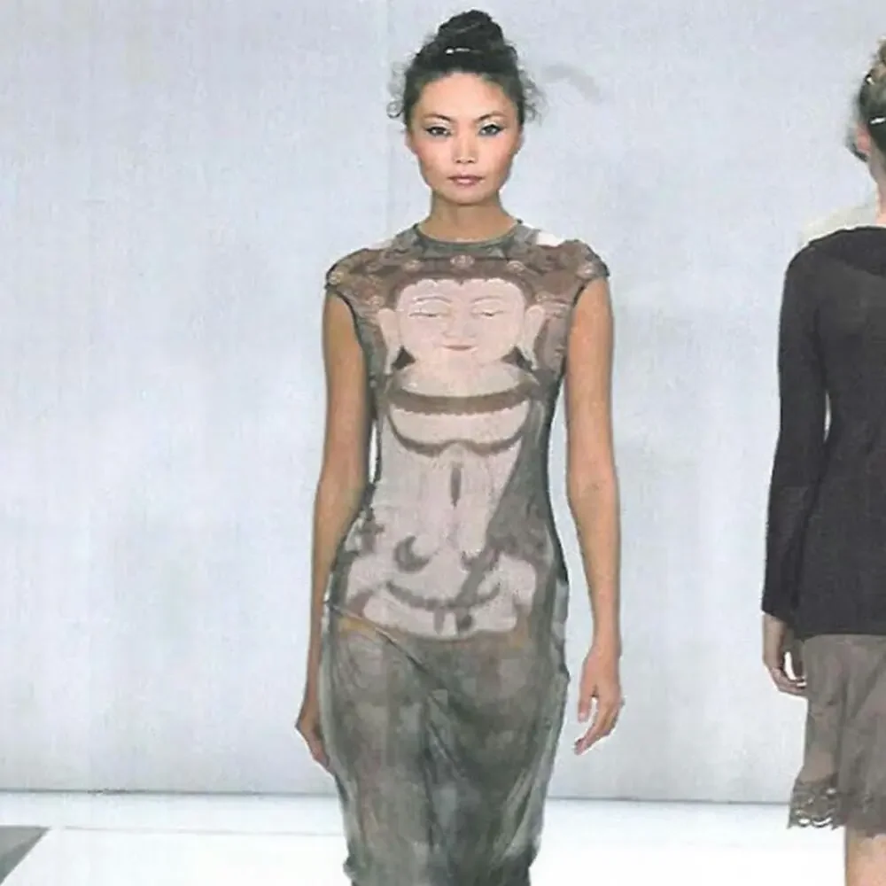 vintage 90s rare vivienne tam kuan yin buddha print mesh maxi dress - Picture 2 of 9